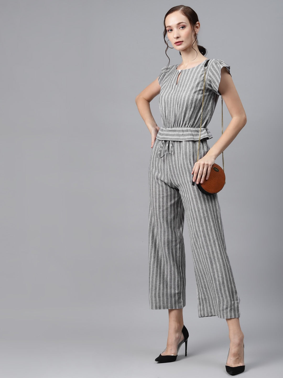 Cottinfab Charcoal Grey & White Striped Cotton Culotte Jumpsuit