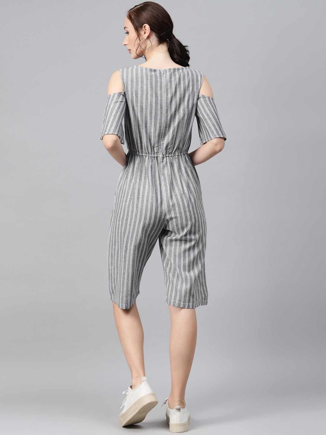 Cottinfab Charcoal Grey & White Striped Cotton Gathered Capri Jumpsuit