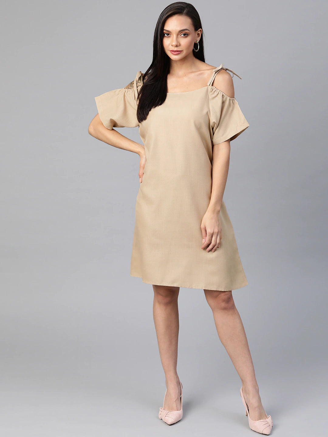 Cottinfab Beige Solid Pure Cotton A-Line Dress