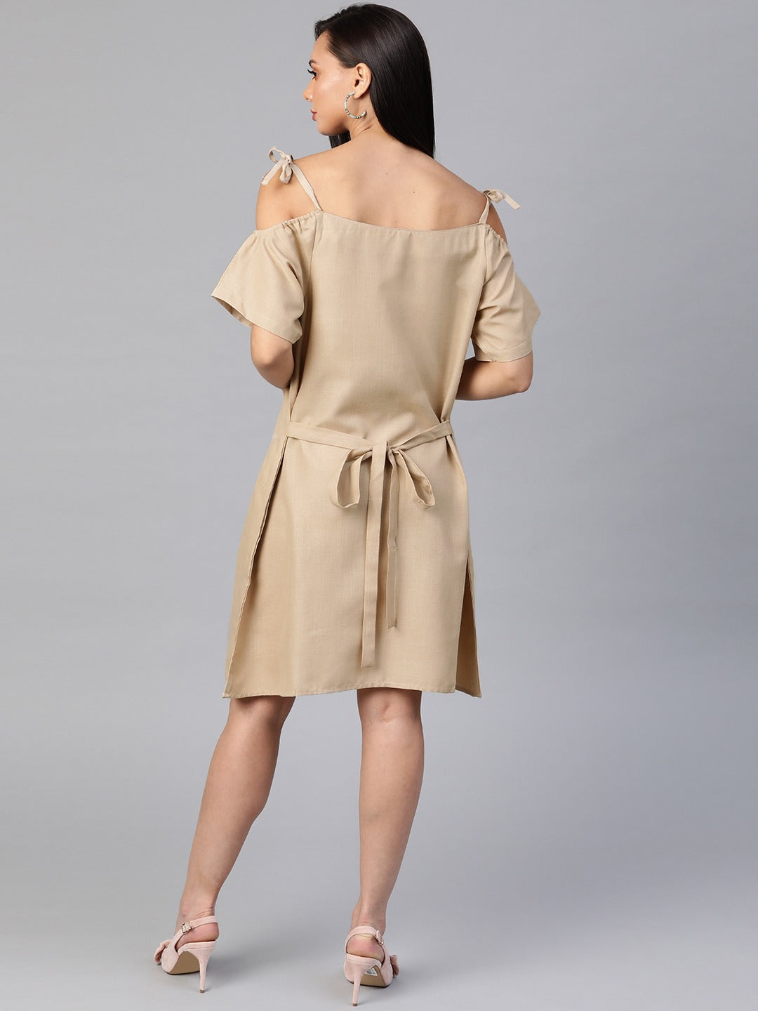 Cottinfab Beige Solid Pure Cotton A-Line Dress