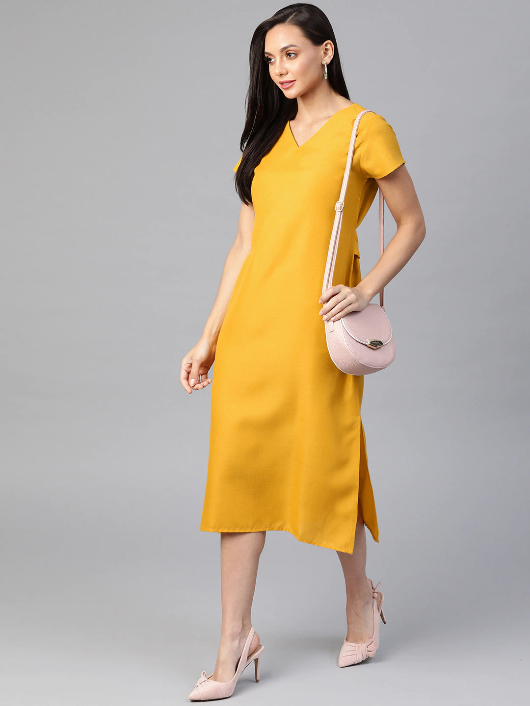 Mustard Yellow Solid Pure Cotton A-Line Midi Dress