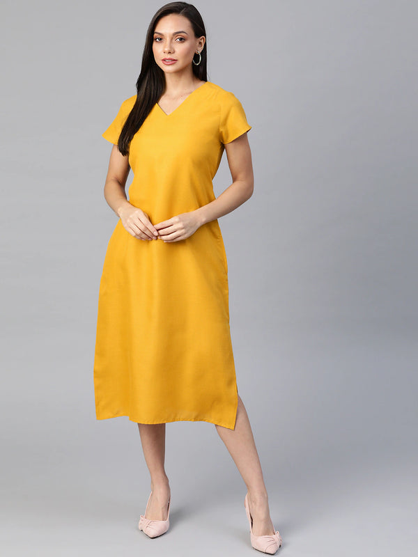 Mustard Yellow Solid Pure Cotton A-Line Midi Dress