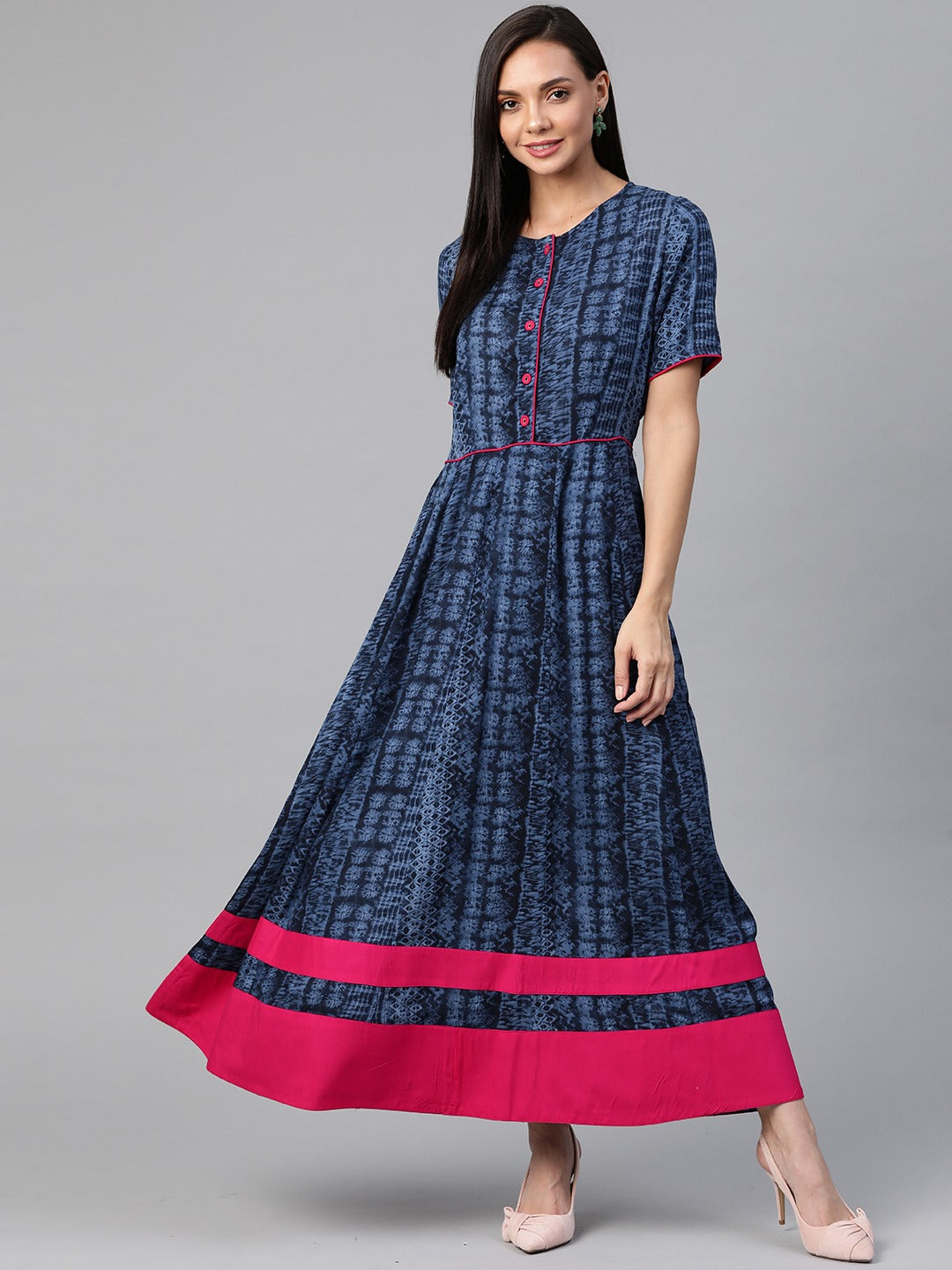 Navy Blue & Pink Ethnic Motifs Maxi Dress