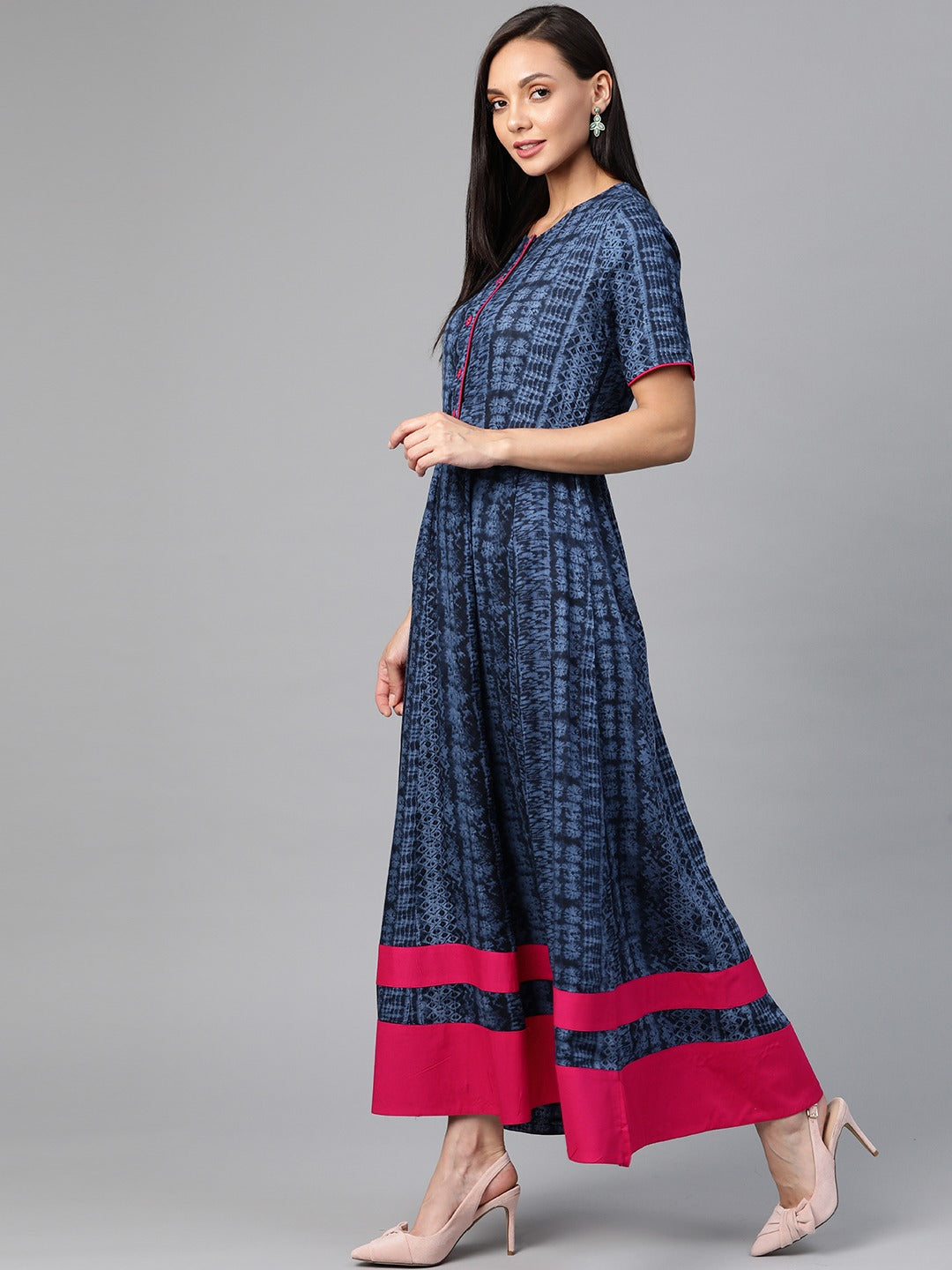 Navy Blue & Pink Ethnic Motifs Maxi Dress