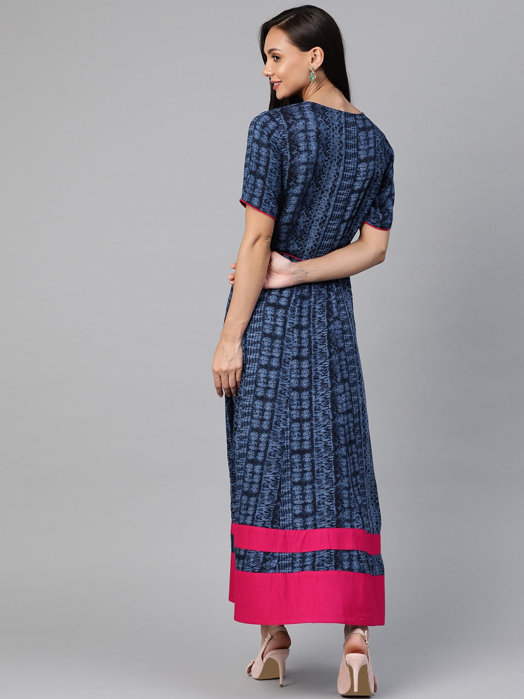 Navy Blue & Pink Ethnic Motifs Maxi Dress