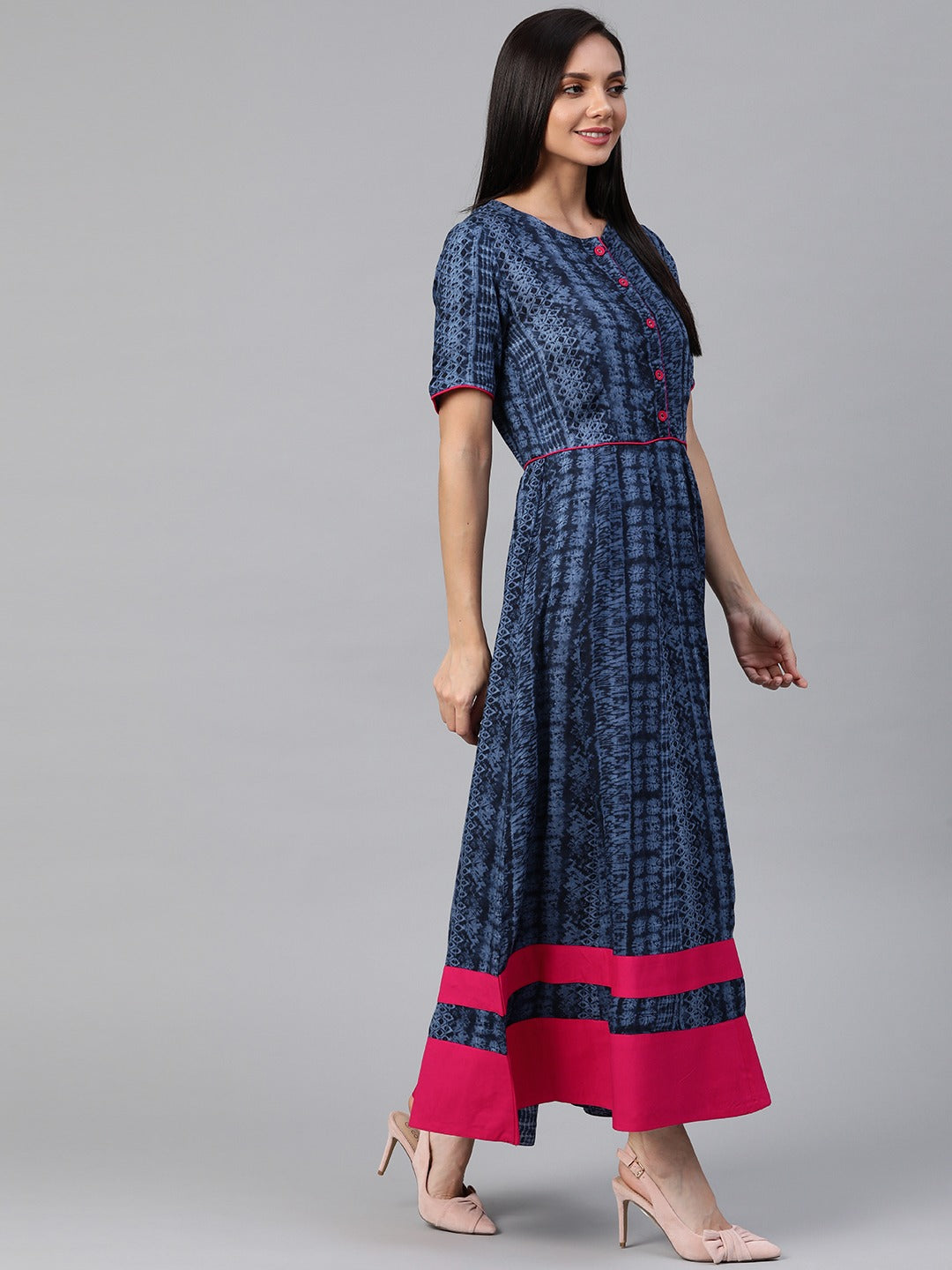 Navy Blue & Pink Ethnic Motifs Maxi Dress