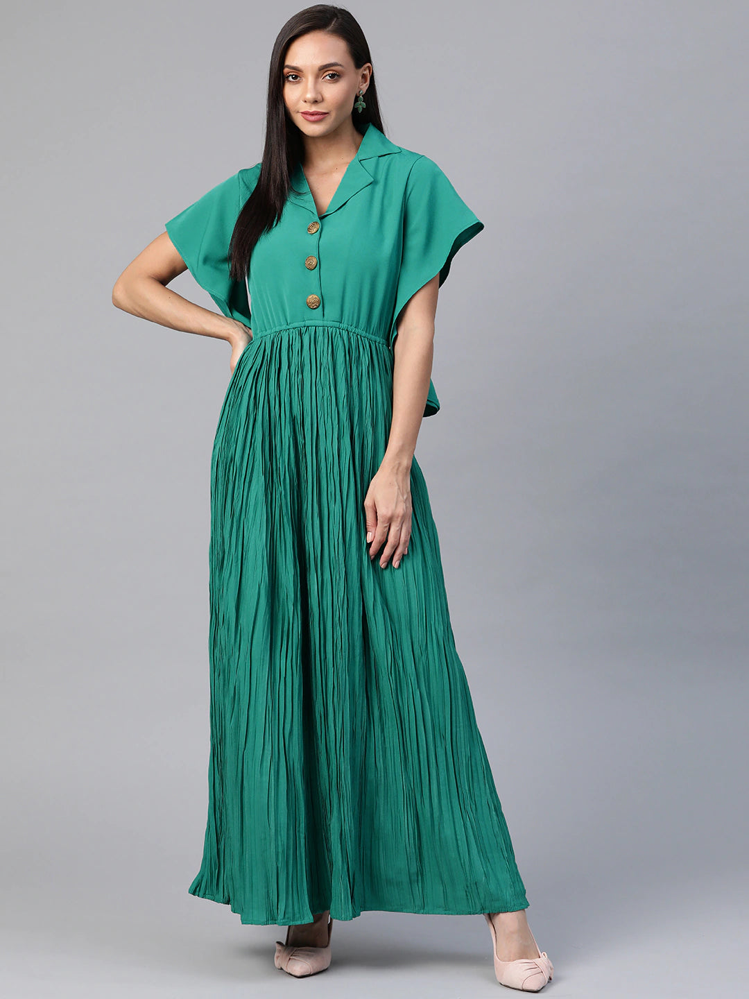 Green Solid Accordion Pleated Maxi Dress