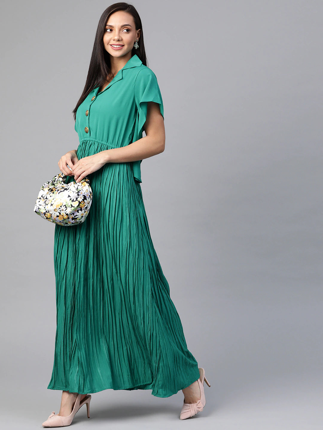 Green Solid Accordion Pleated Maxi Dress