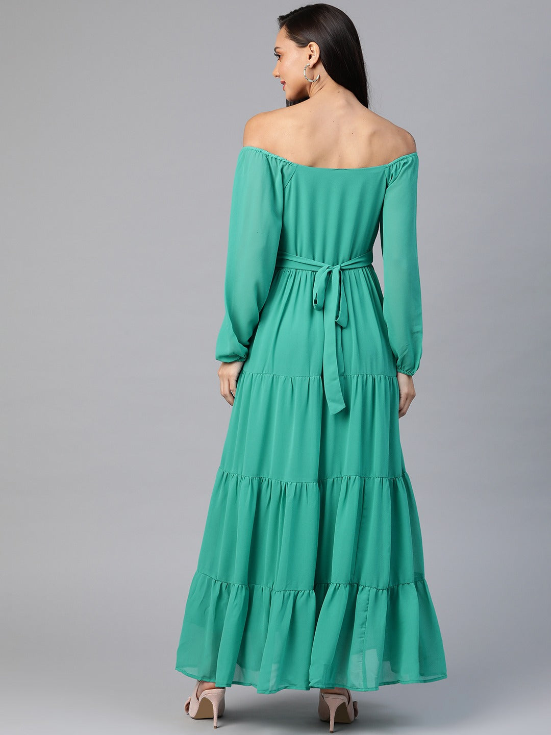 Green Solid Off-Shoulder Tiered Gathered Maxi Dress