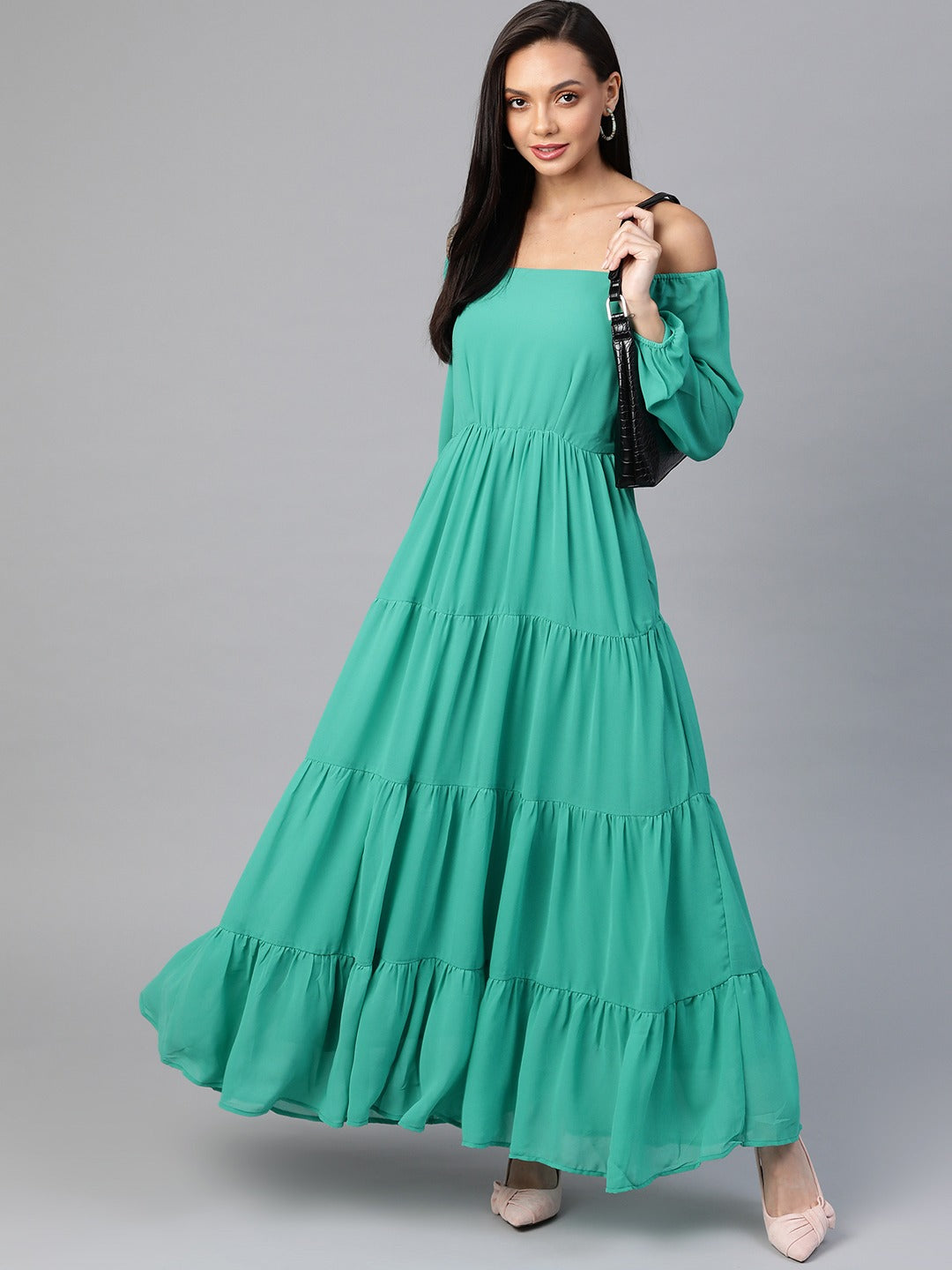 Green Solid Off-Shoulder Tiered Gathered Maxi Dress