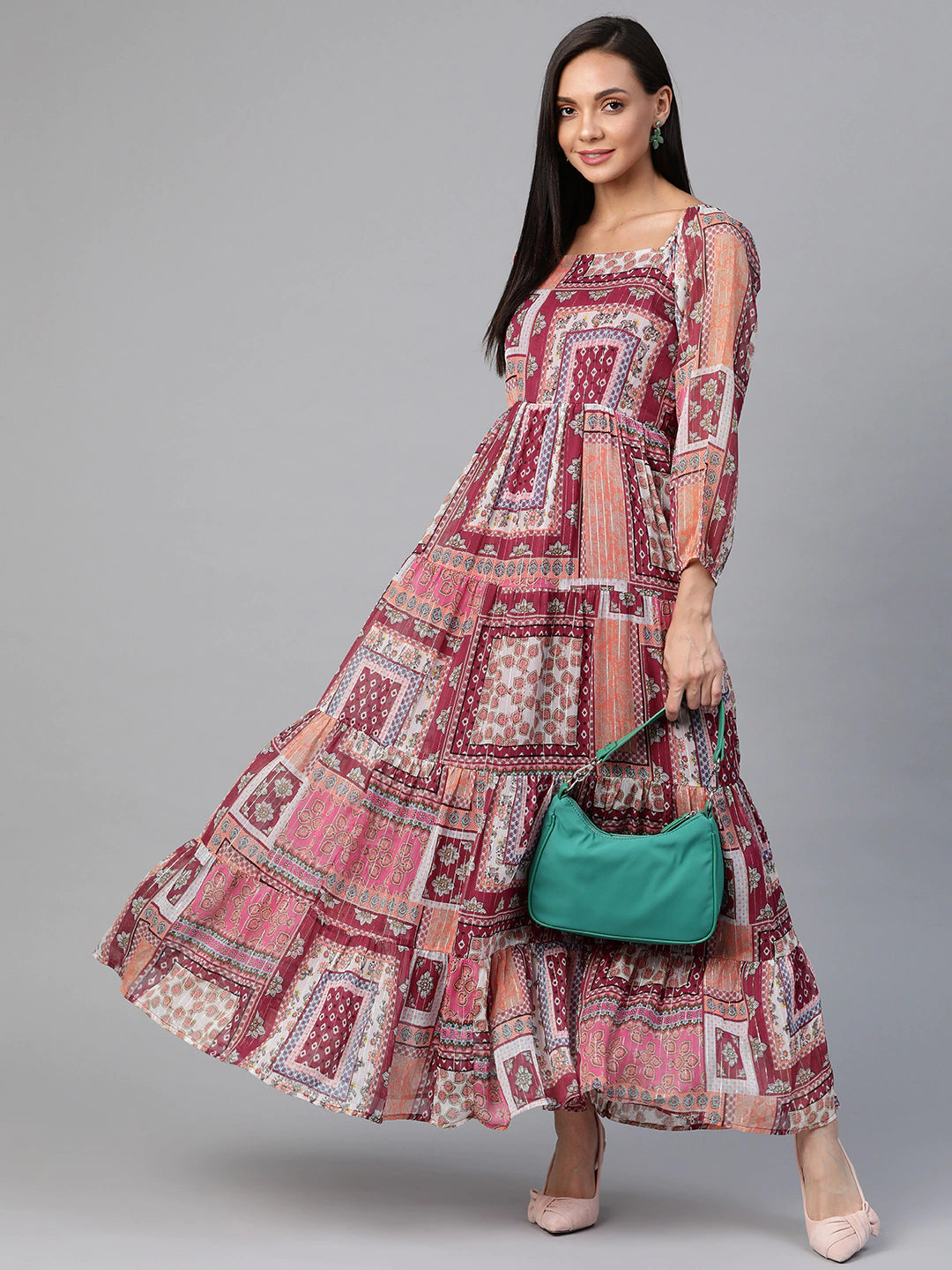 Pink & Peach-Coloured Ethnic Motifs Tiered Maxi Dress