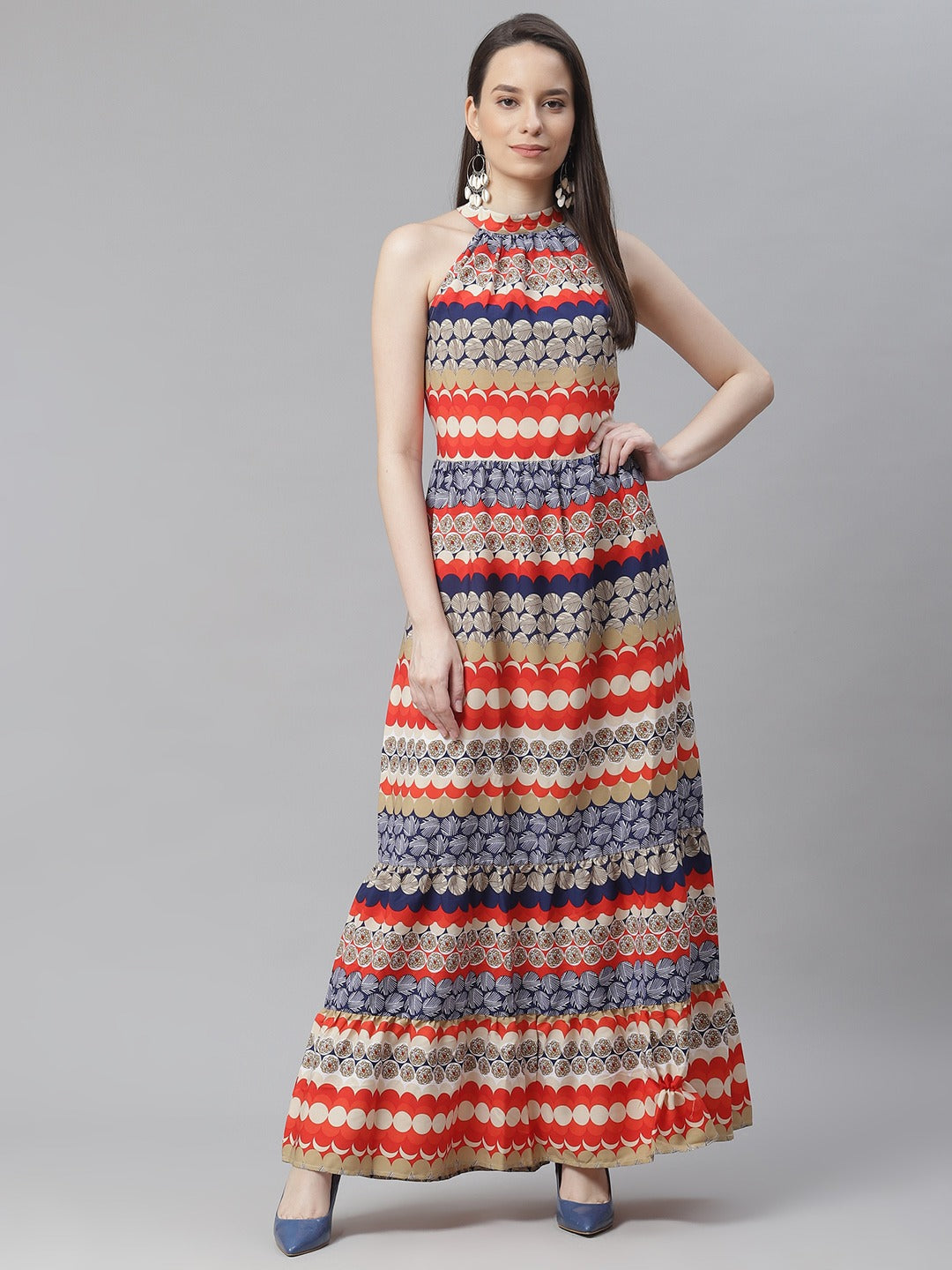 Multicoloured Halter Neck Crepe A-Line Maxi Dress