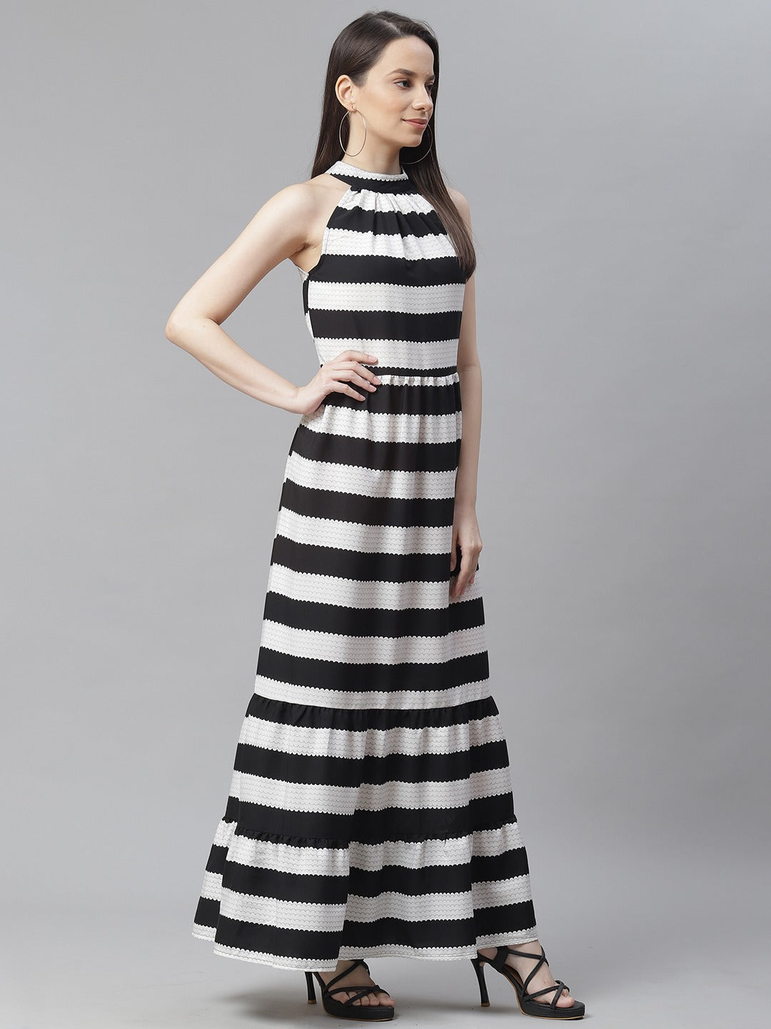 Cottinfab Black & White Striped Halter Neck Crepe A-Line Maxi Dress