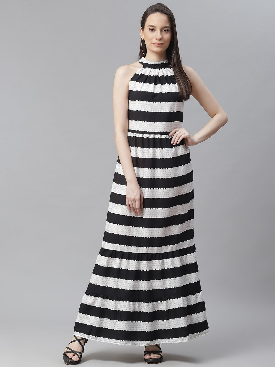 Cottinfab Black & White Striped Halter Neck Crepe A-Line Maxi Dress