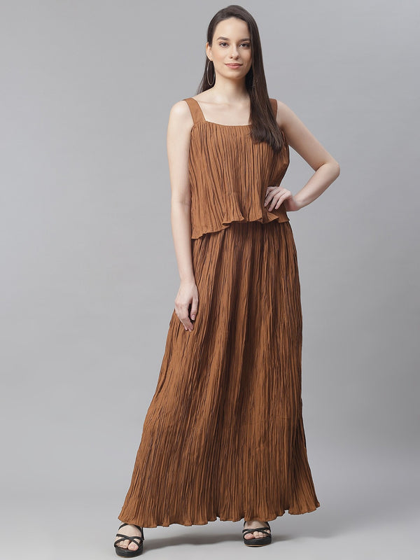 Cottinfab Brown Crepe Accordion Pleats Maxi Dress