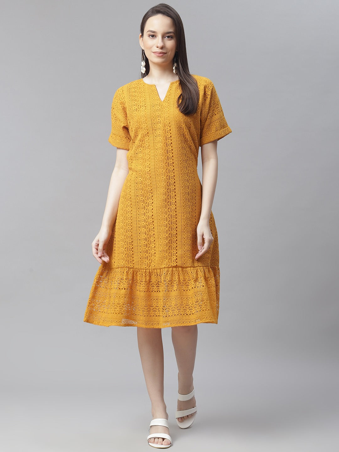 Mustard Yellow Net A-Line Midi Dress