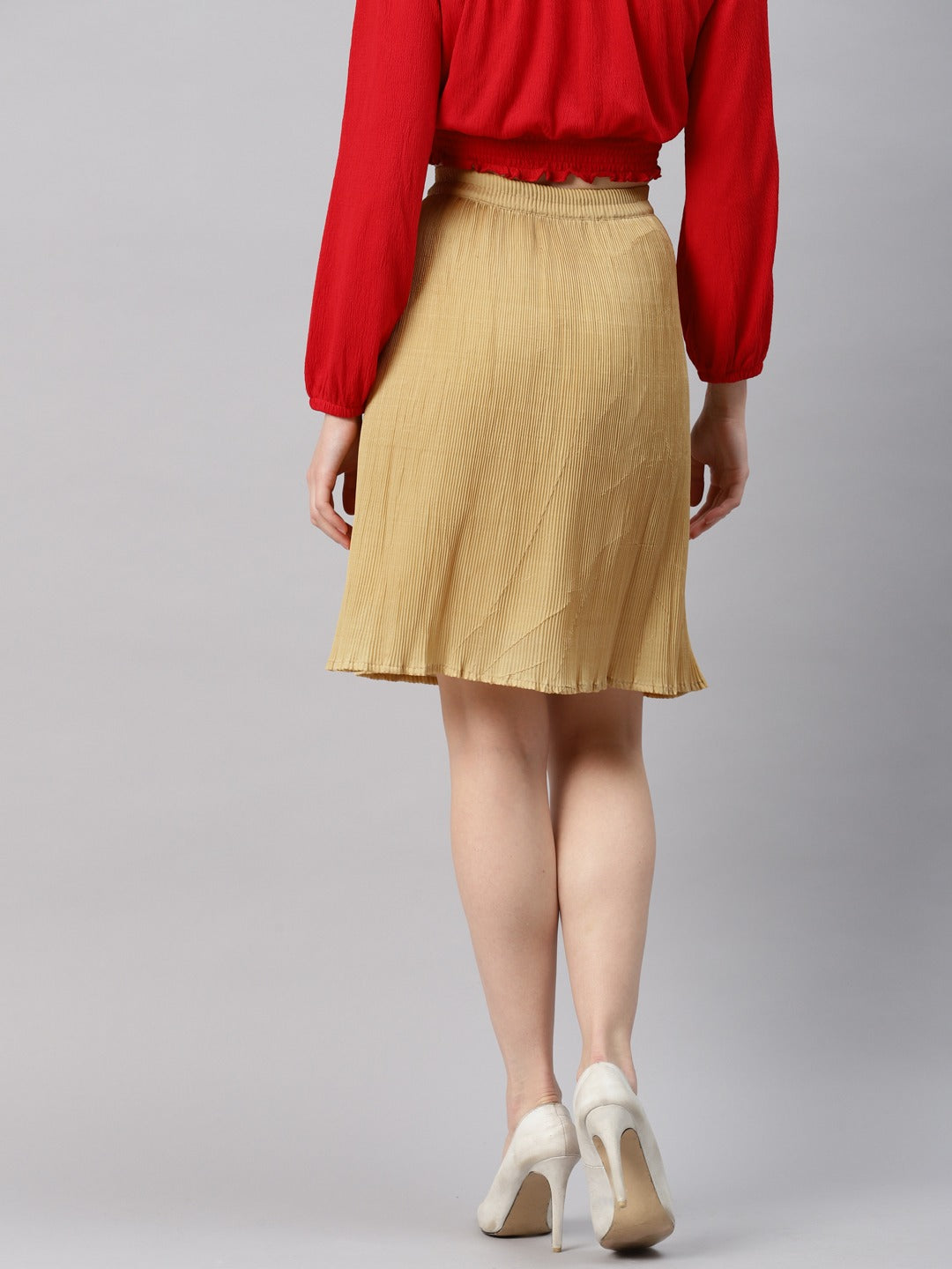 Cottinfab Women Beige Solid Pleated & Flared Mini Skirt