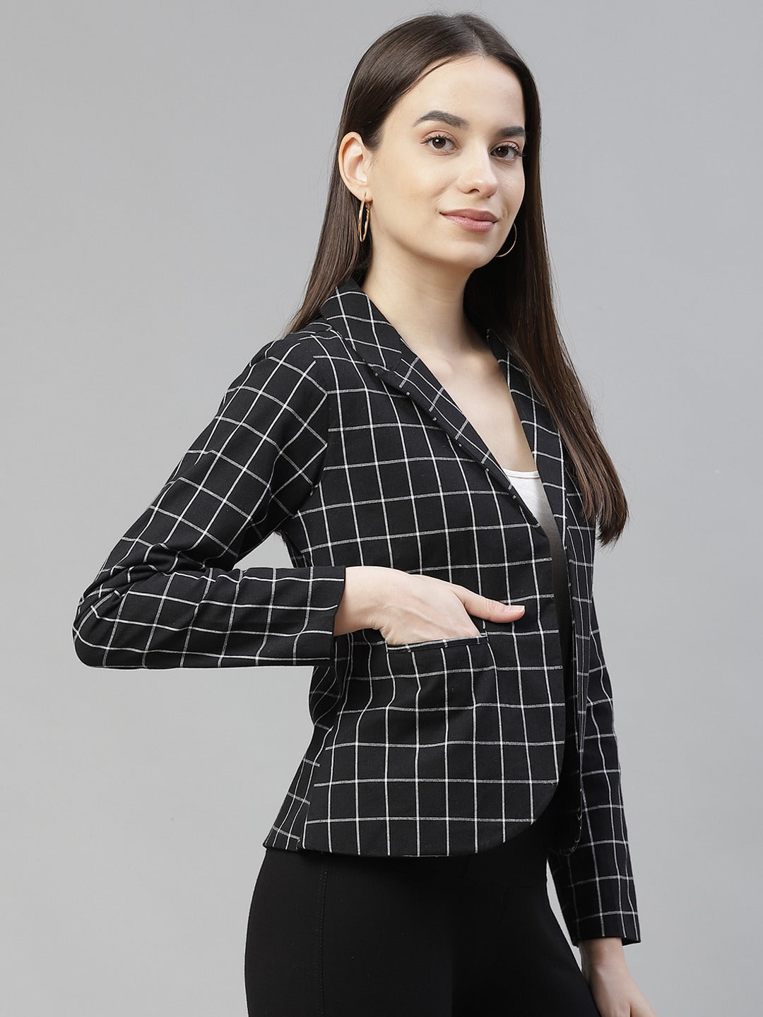 Cottinfab Women Black & White Checked Open Front Blazer