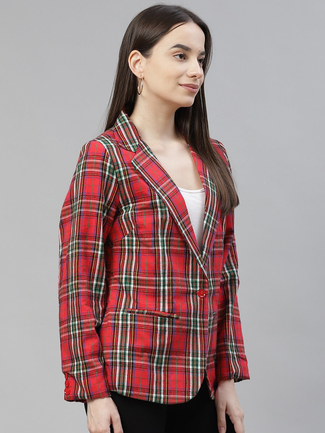 Cottinfab Women Red & Green Checked Single- Breasted Blazer