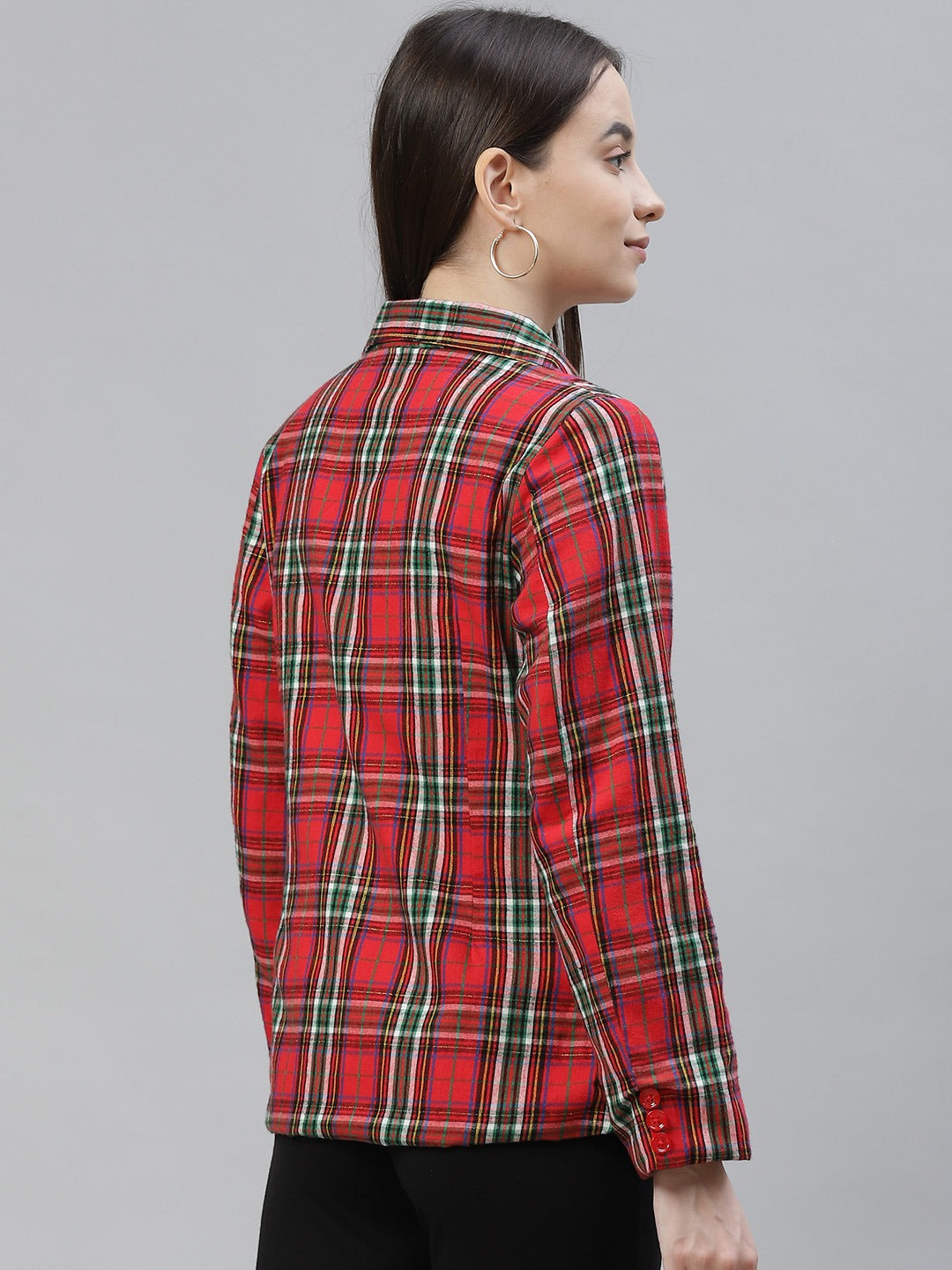 Cottinfab Women Red & Green Checked Single- Breasted Blazer