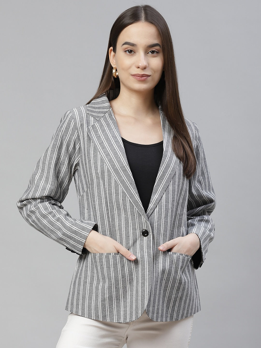 Cottinfab Women Grey & White Striped Single Breasted Blazer