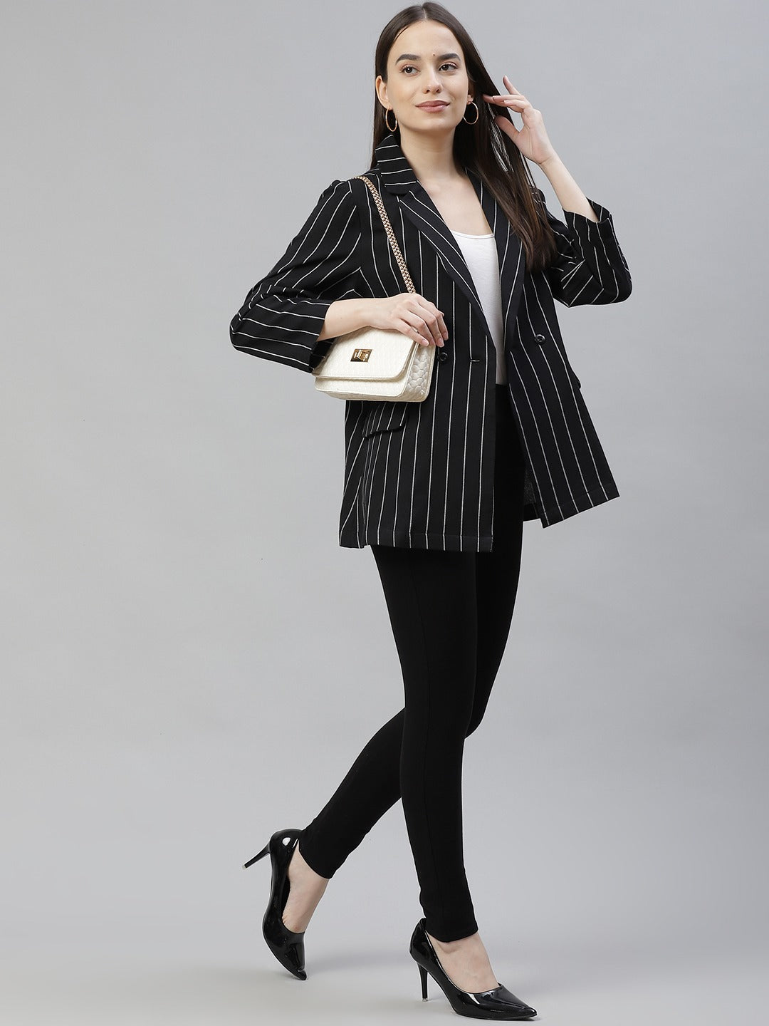 Cottinfab Women Black & White Striped Double-Breasted Blazer