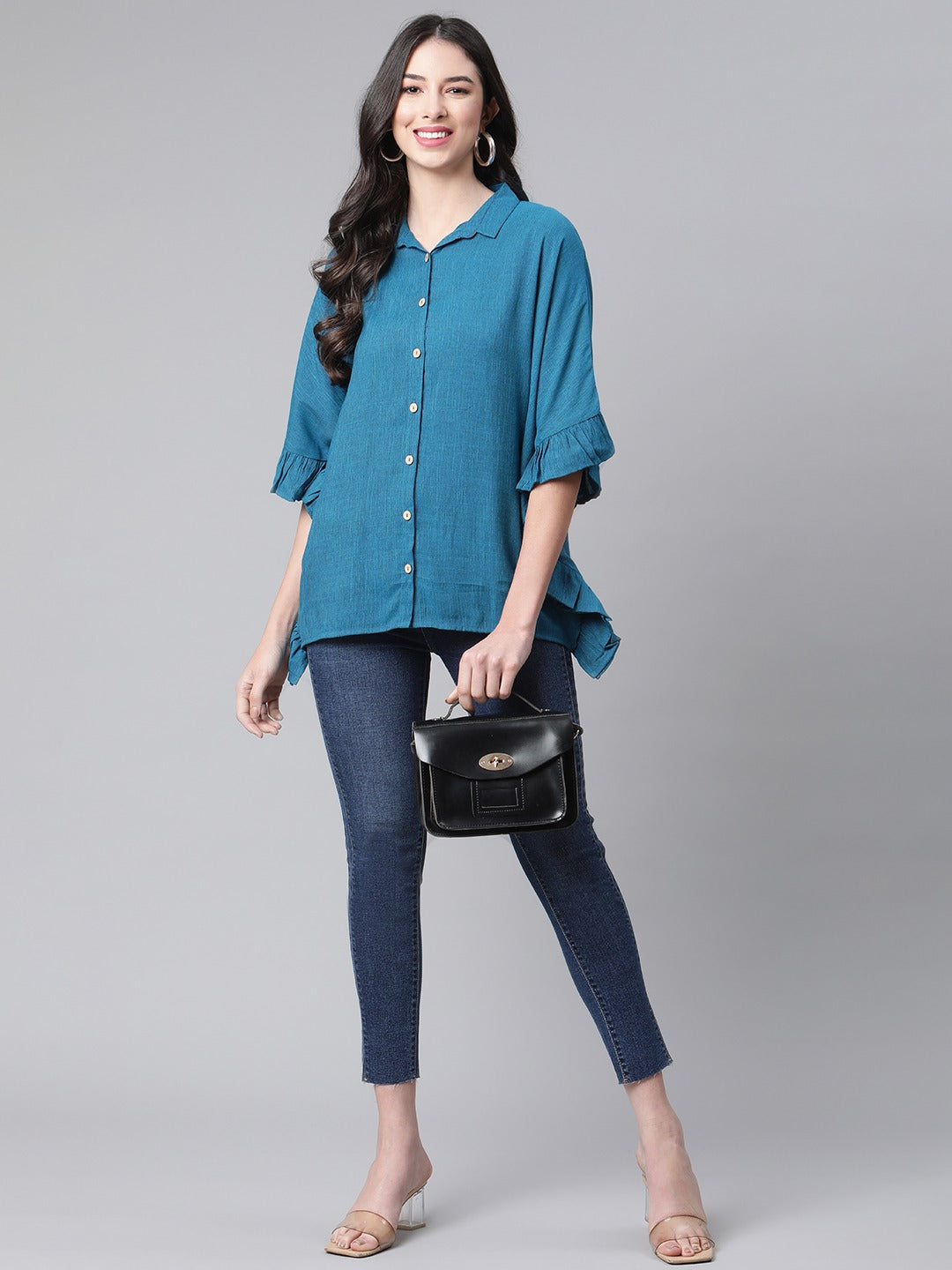 Cottinfab Women Blue Ruffles Kaftan Top