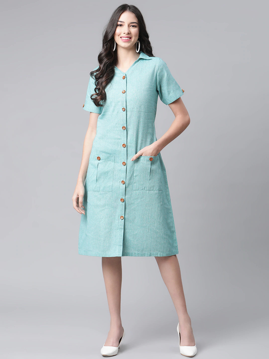 Women Sea Green Shirt Midi Dress