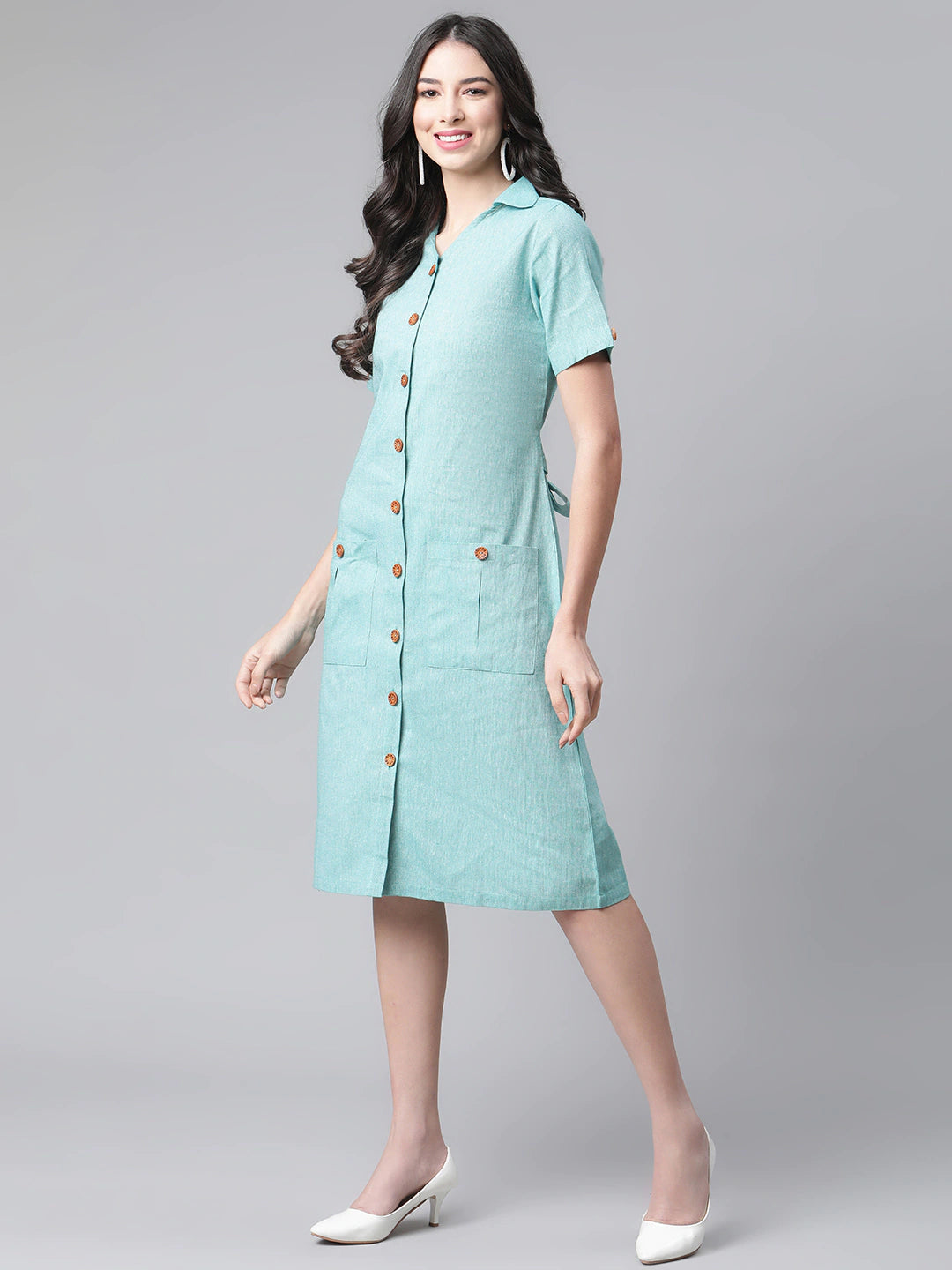 Women Sea Green Shirt Midi Dress