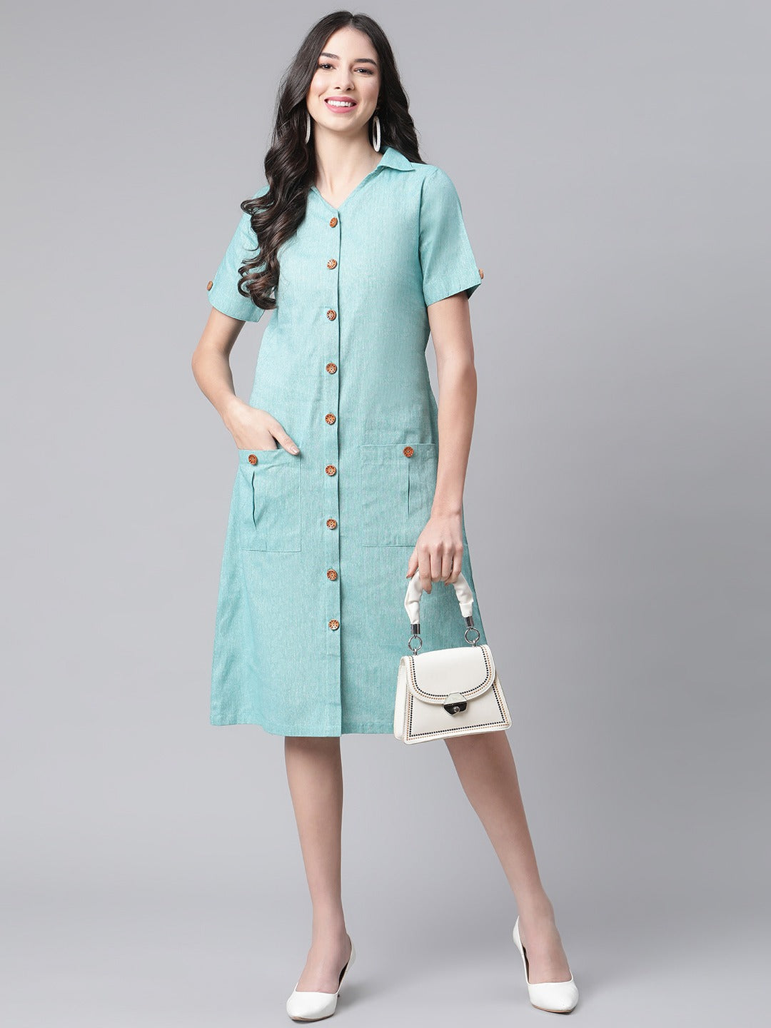 Women Sea Green Shirt Midi Dress