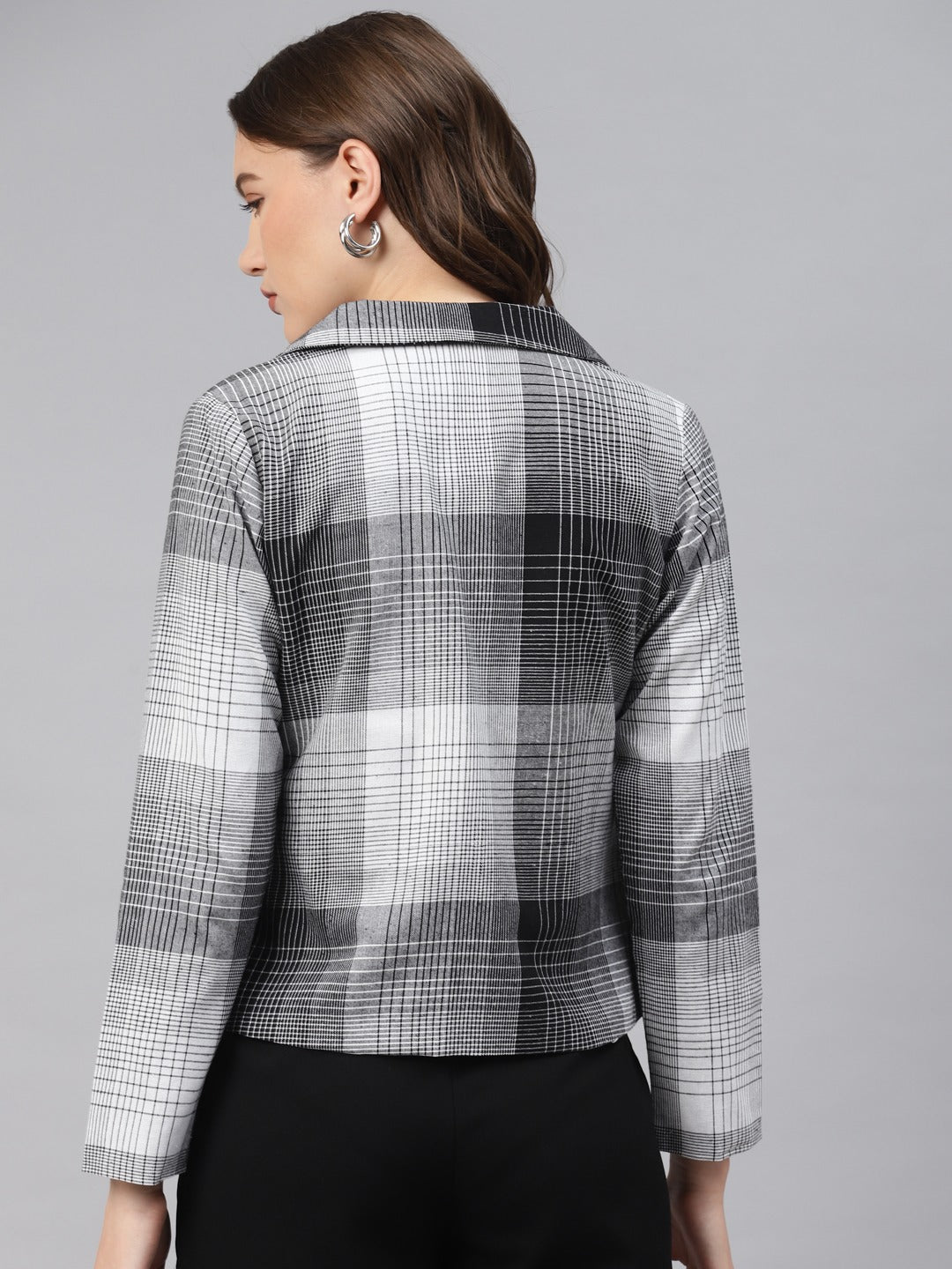 Cottinfab Women Grey & Black Checked Cotton Front Open Blazer