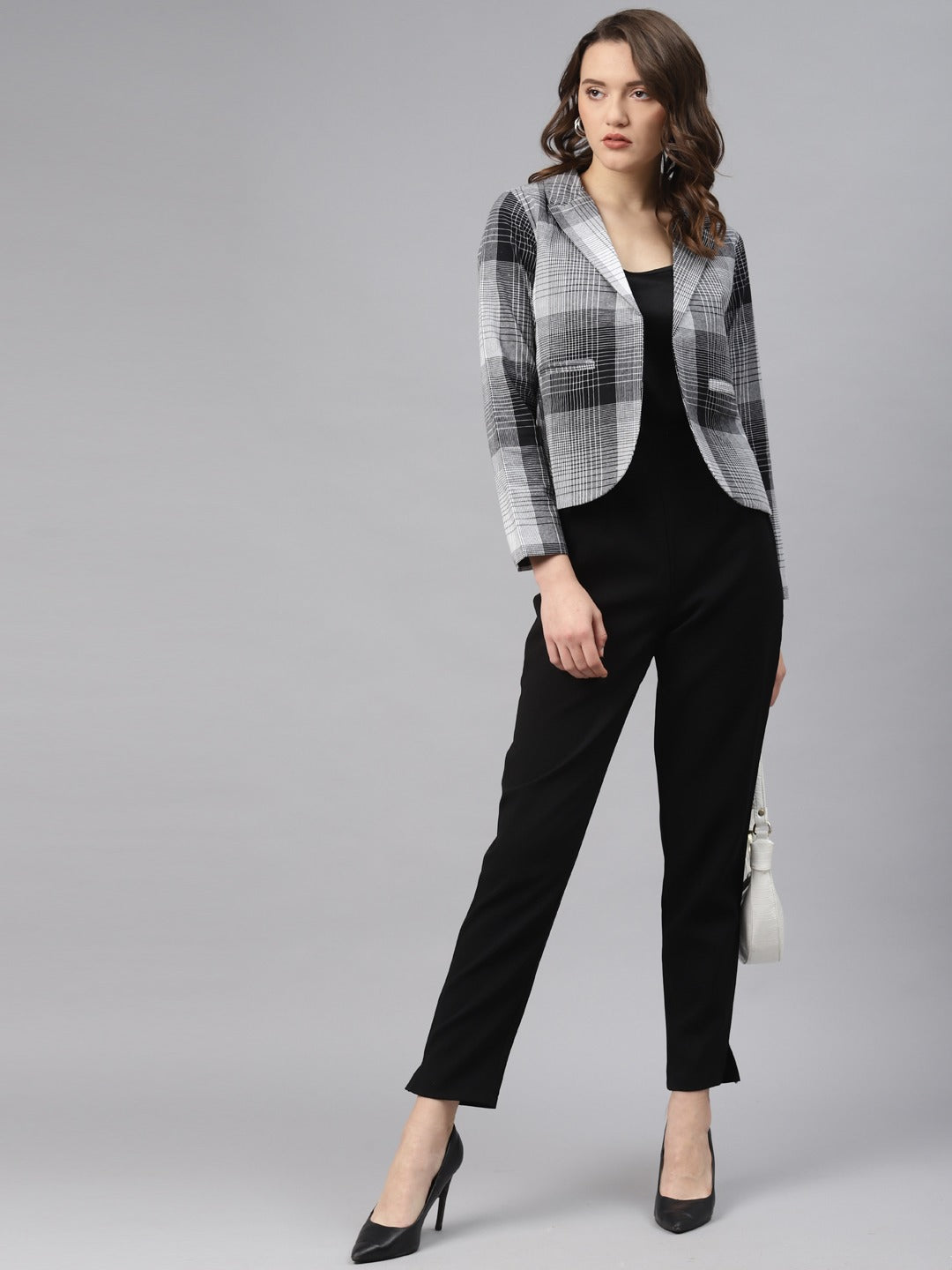 Cottinfab Women Grey & Black Checked Cotton Front Open Blazer