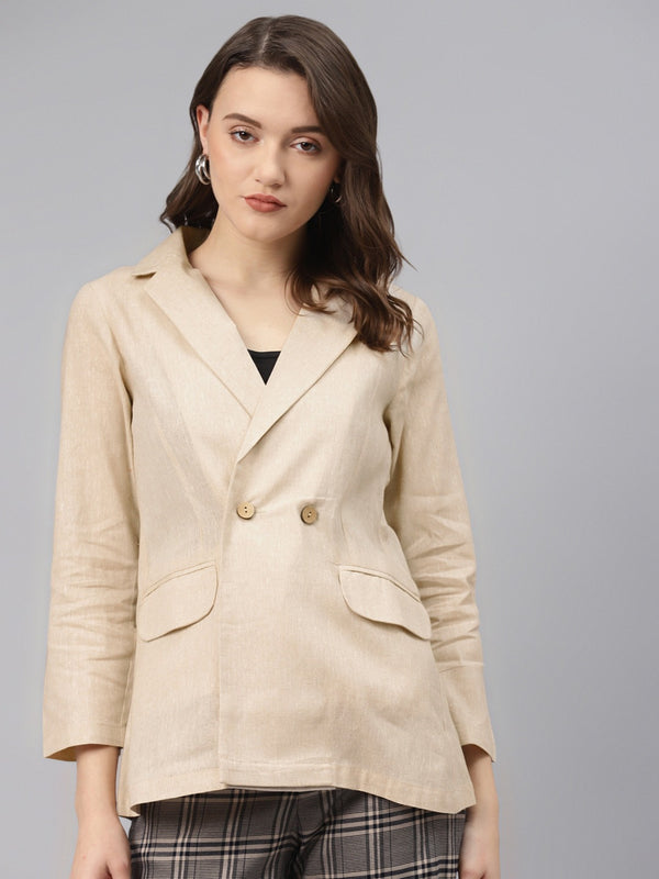 Cottinfab Women Cream-Coloured Cotton Solid Double-Breasted Casual Blazer