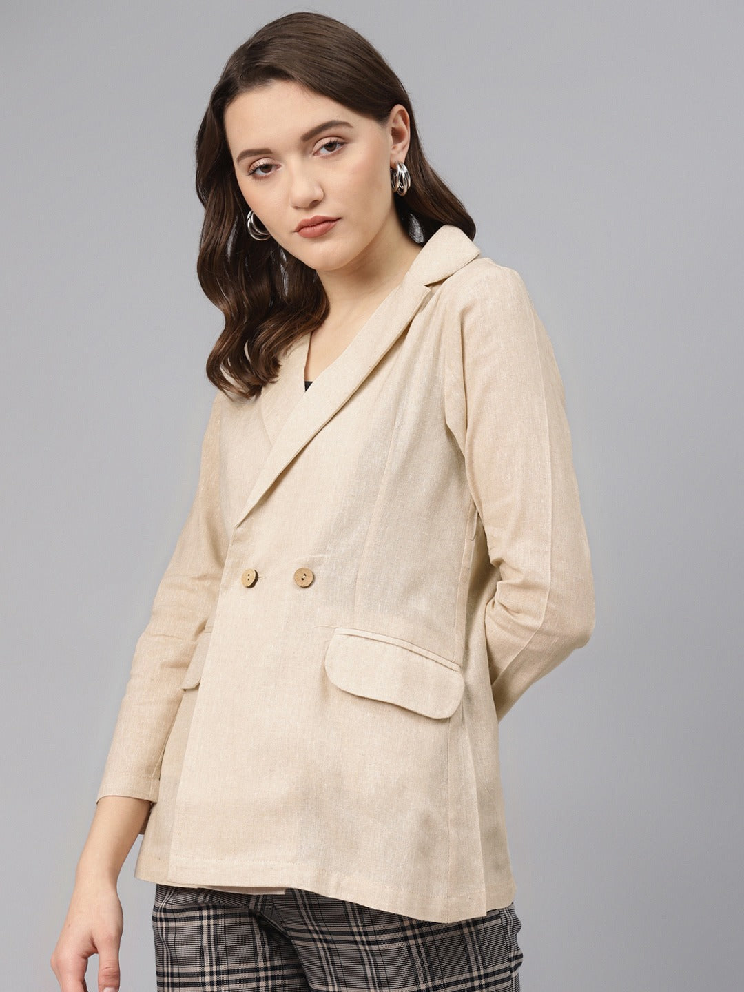 Cottinfab Women Cream-Coloured Cotton Solid Double-Breasted Casual Blazer