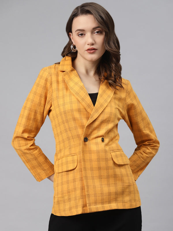 Cottinfab Mustard Yellow & Black Checked Slim-Fit Double-Breasted Cotton Formal Blazer