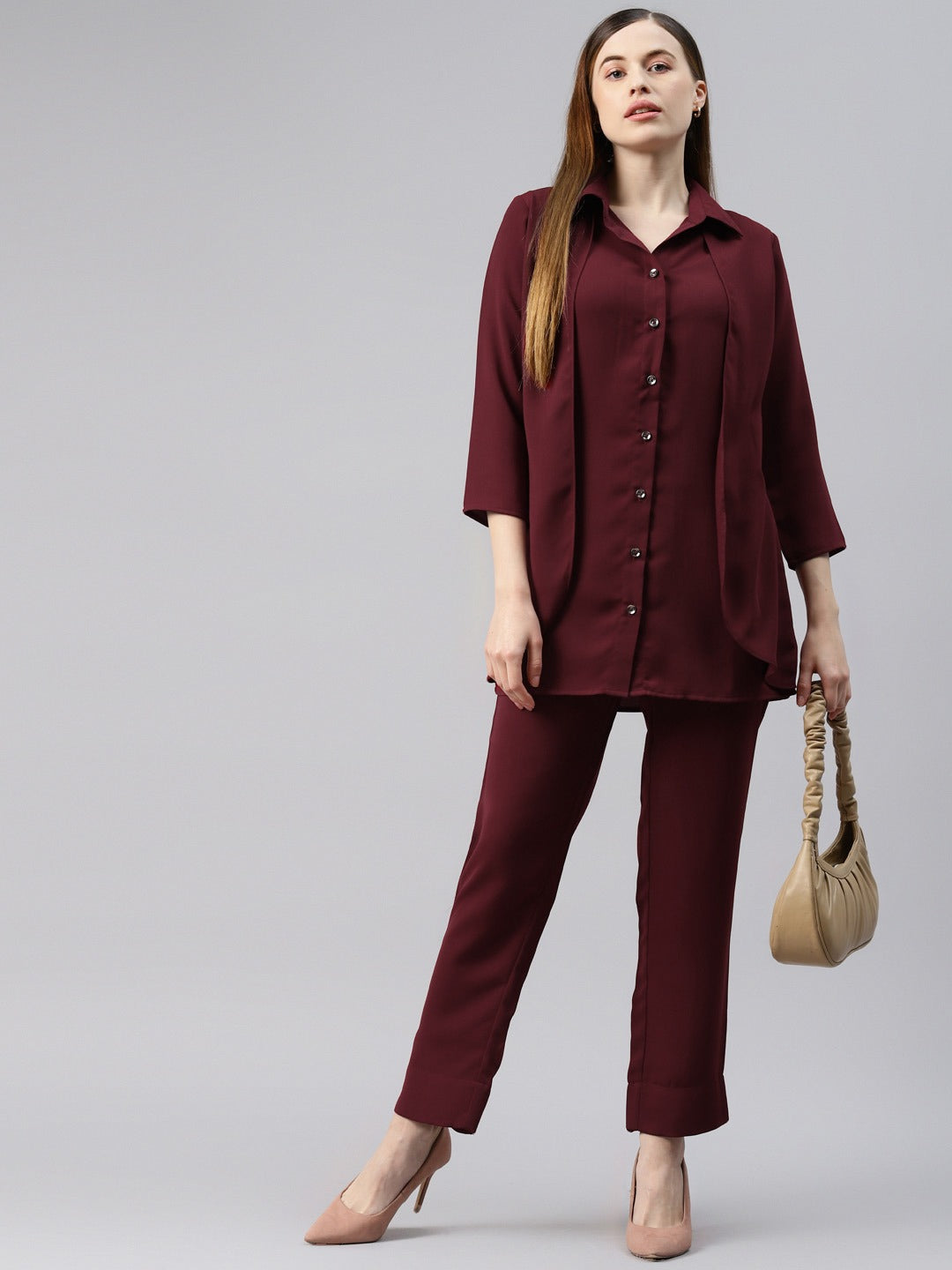 Cottinfab Women Solid Rust Shirt with Trousers