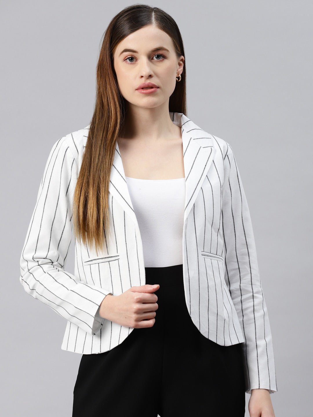 Women White Striped Open Front Formal Blazer