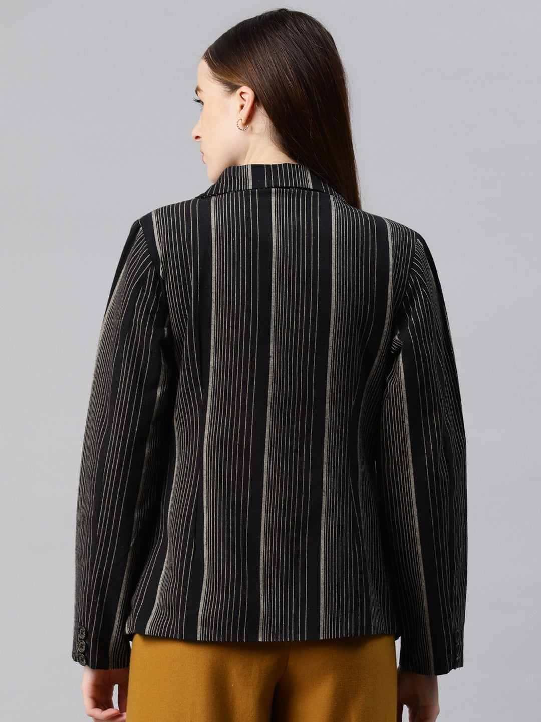Cottinfab Women Black Striped Open Front Blazer