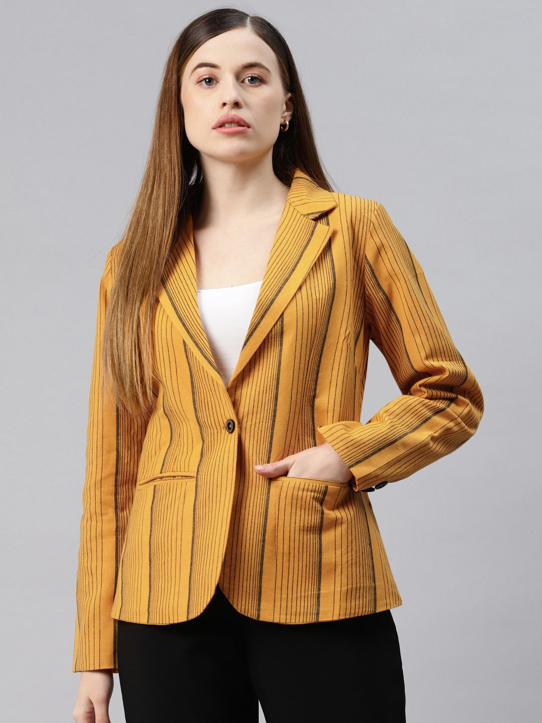 Cottinfab Women Mustard Striped Single-Breasted Formal Blazer