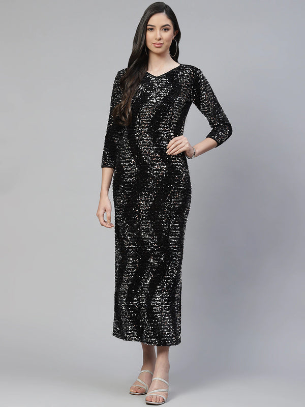 Cottinfab Black & Silver-Toned Sequined Sheath Midi Dress