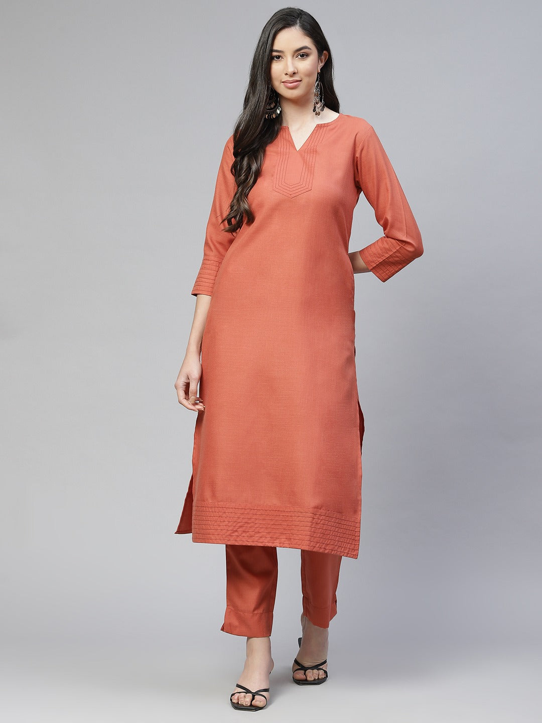 Cottinfab Women Rust Orange Kurta with Trousers