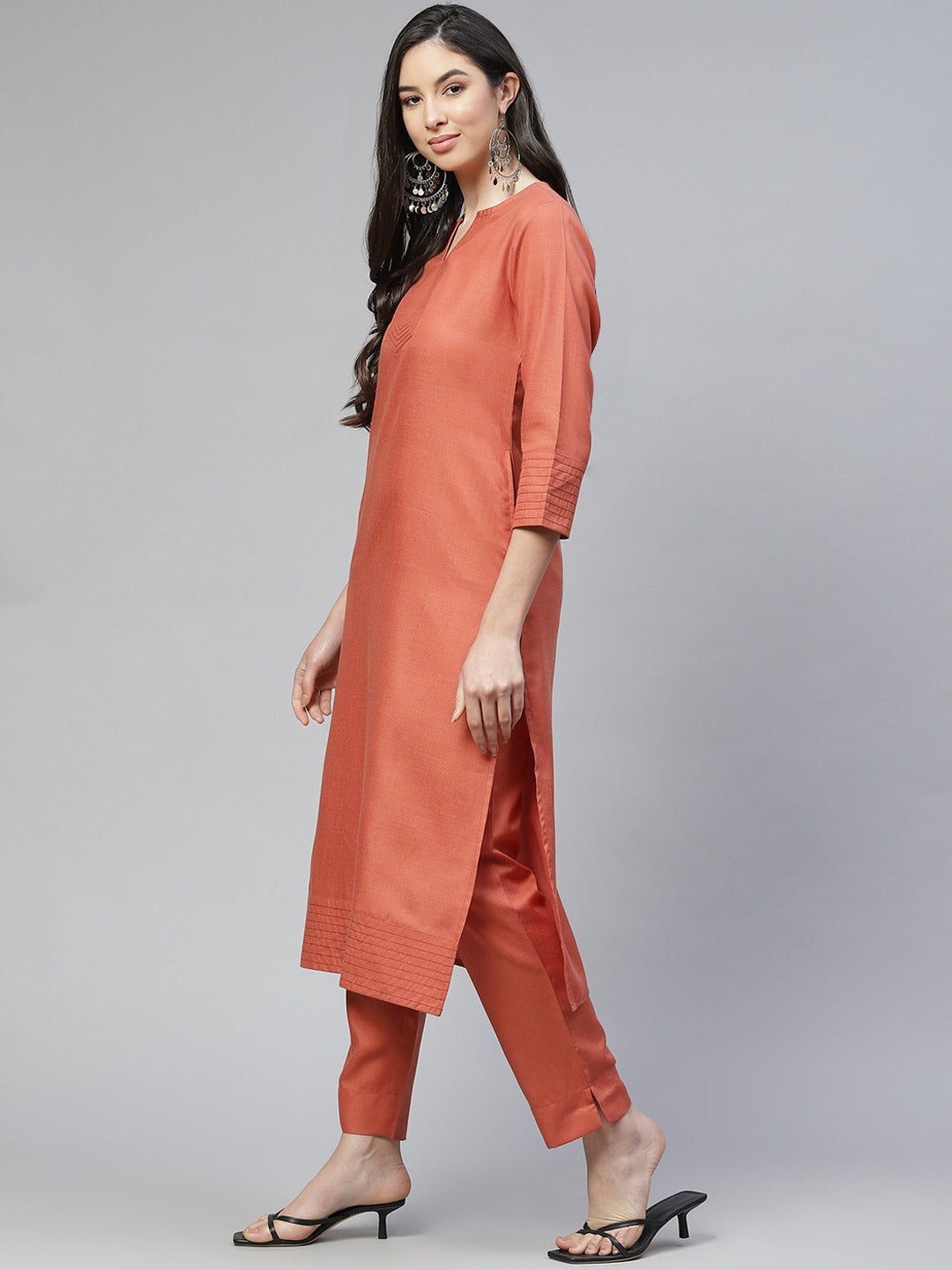 Cottinfab Women Rust Orange Kurta with Trousers