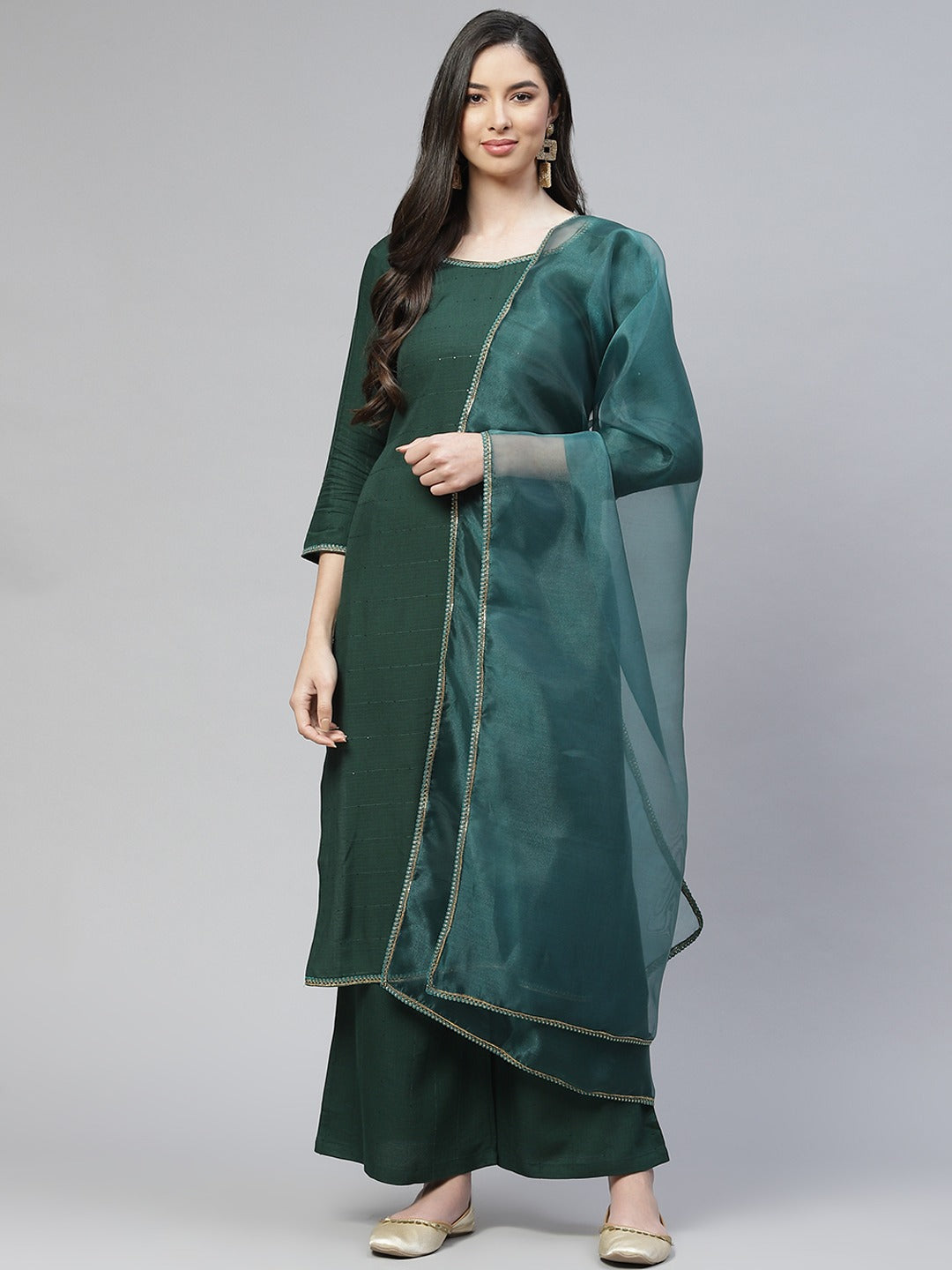 Cottinfab Women Green Ethnic Motifs Sequinned Kurta with Palazzos & With Dupatta