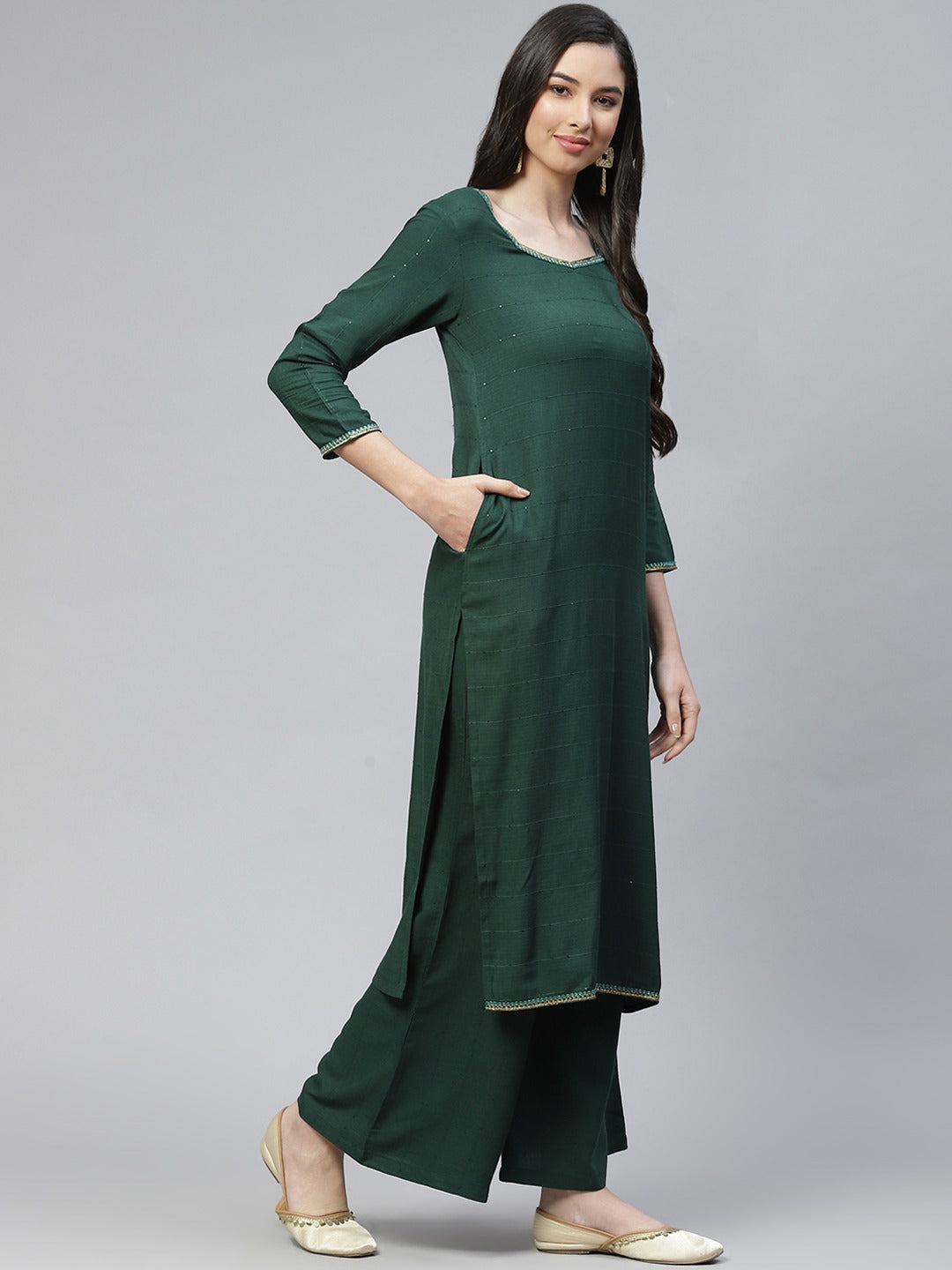 Cottinfab Women Green Ethnic Motifs Sequinned Kurta with Palazzos & With Dupatta