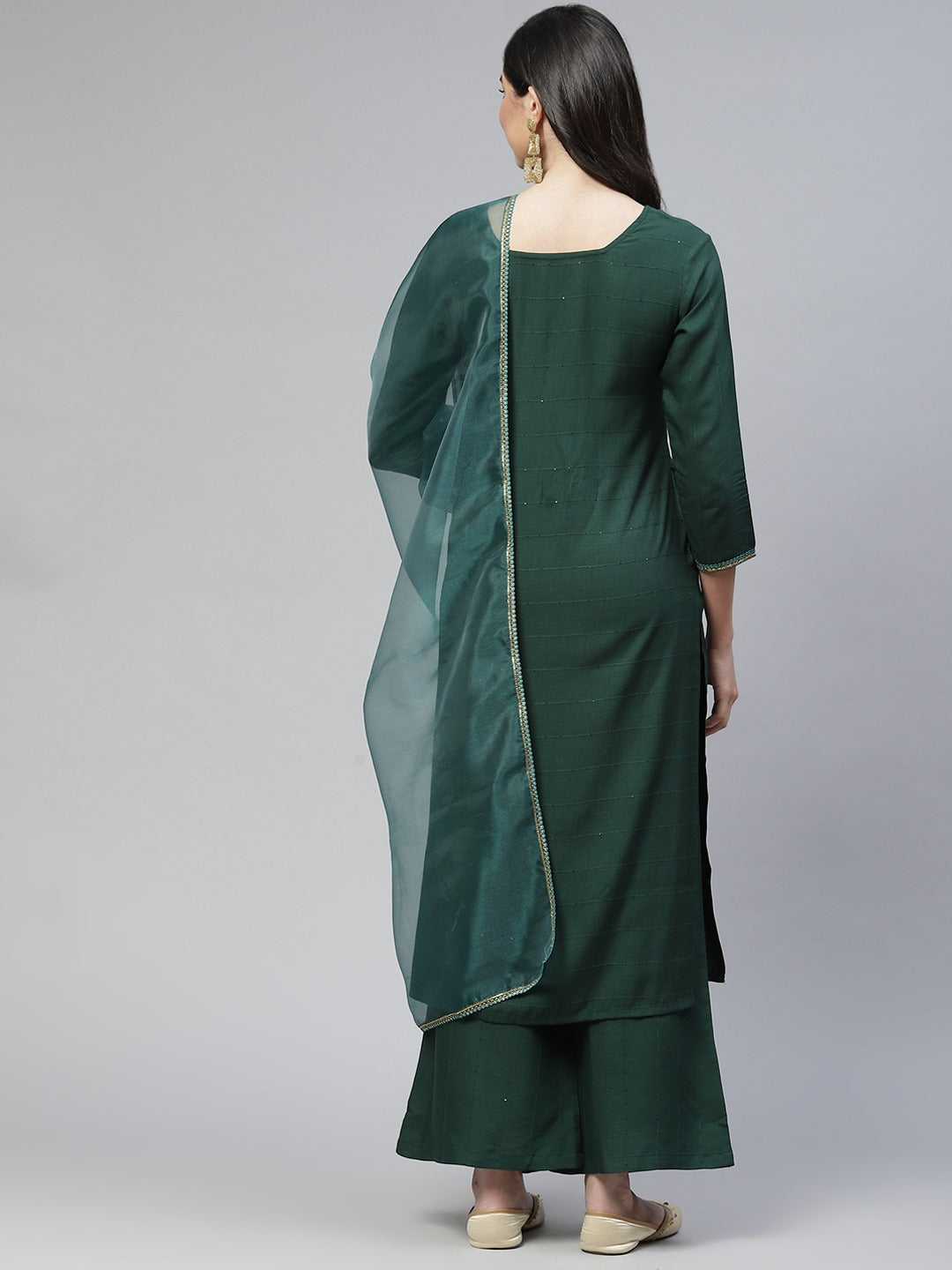 Cottinfab Women Green Ethnic Motifs Sequinned Kurta with Palazzos & With Dupatta