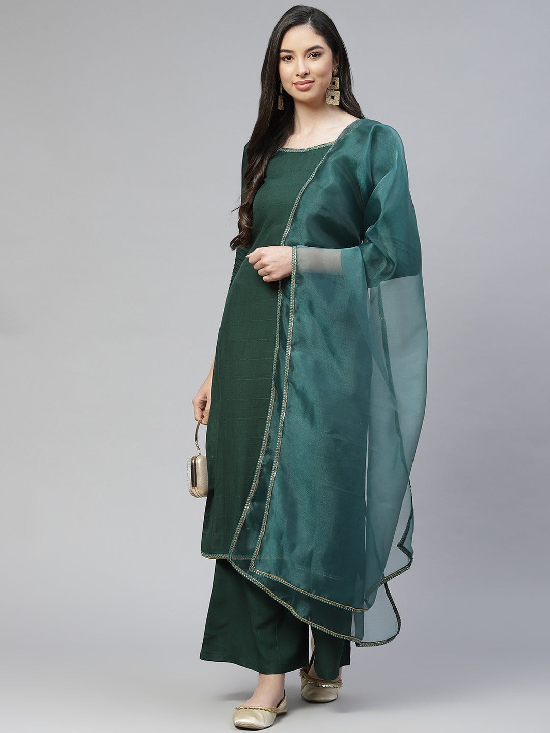 Cottinfab Women Green Ethnic Motifs Sequinned Kurta with Palazzos & With Dupatta