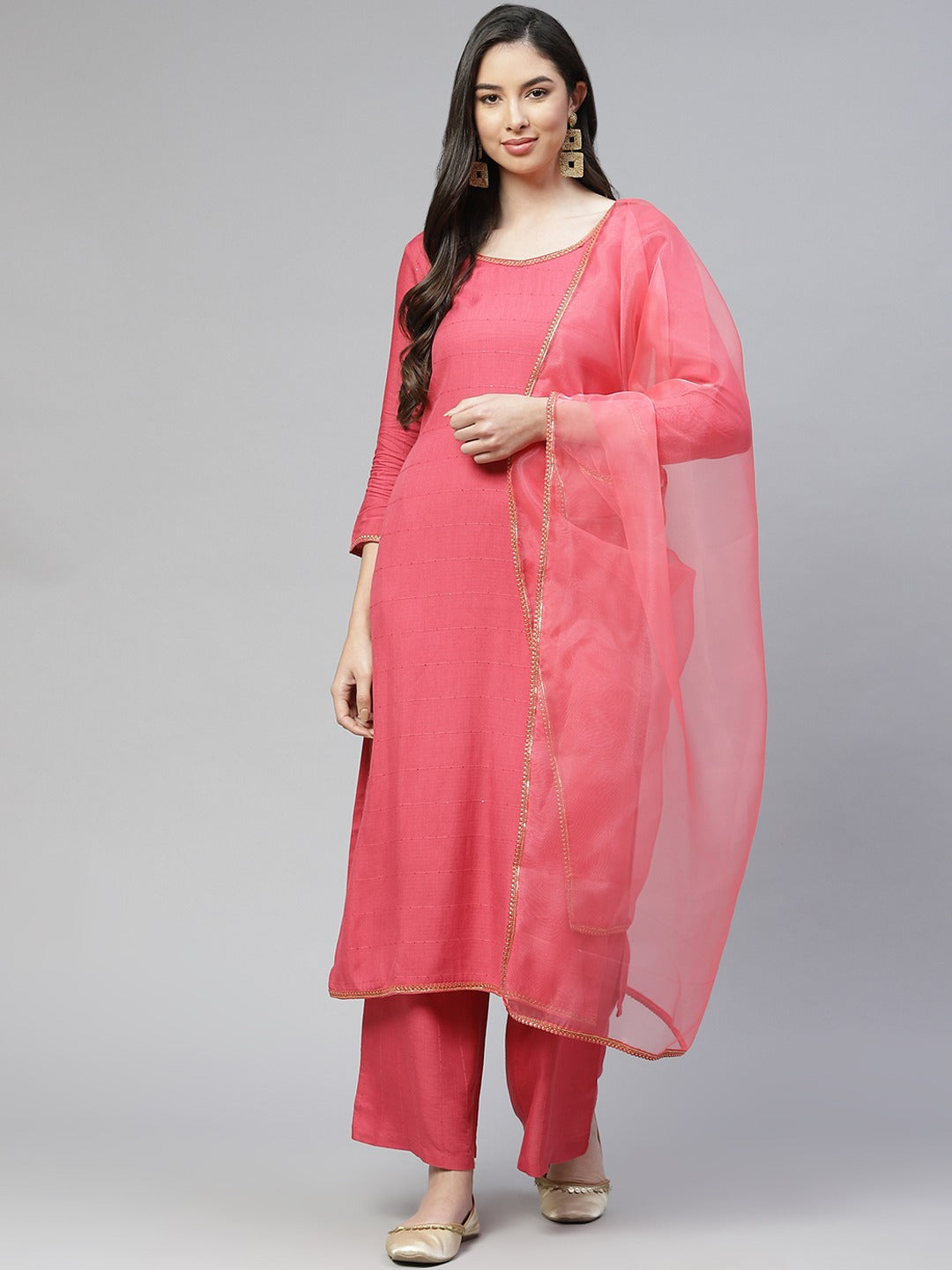 Cottinfab Women Pink Sequinned Kurta with Palazzos & Dupatta