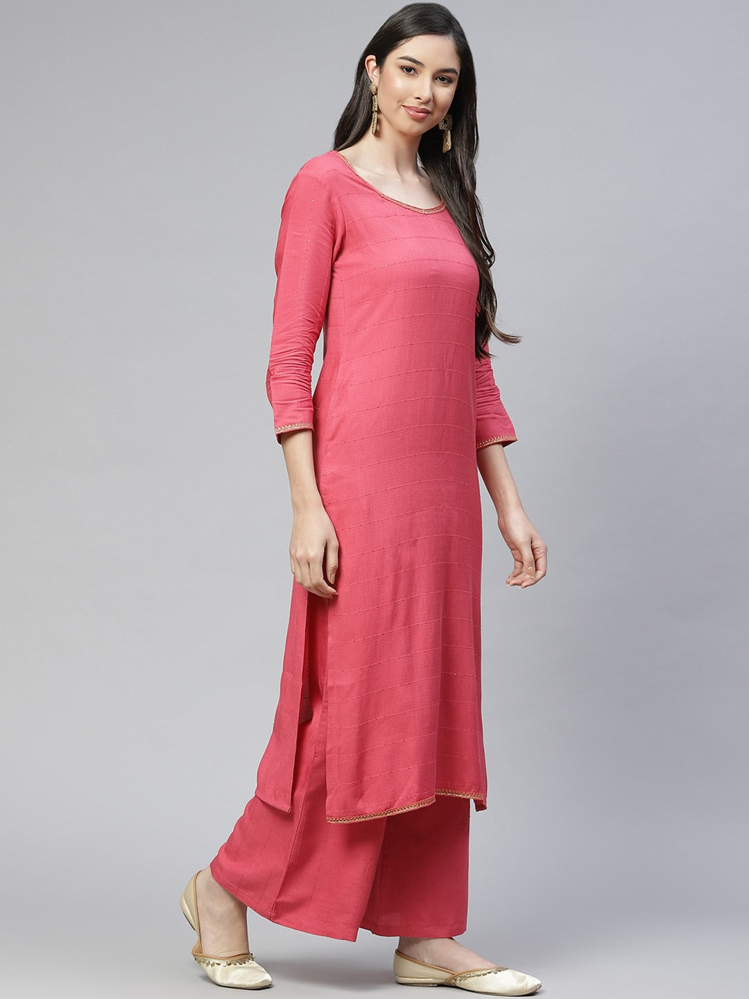 Cottinfab Women Pink Sequinned Kurta with Palazzos & Dupatta