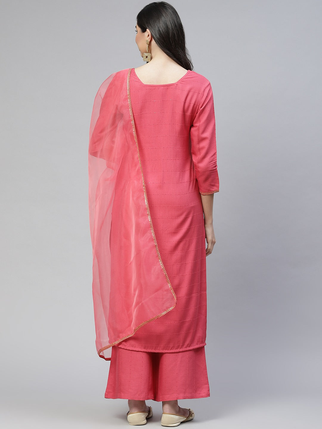 Cottinfab Women Pink Sequinned Kurta with Palazzos & Dupatta