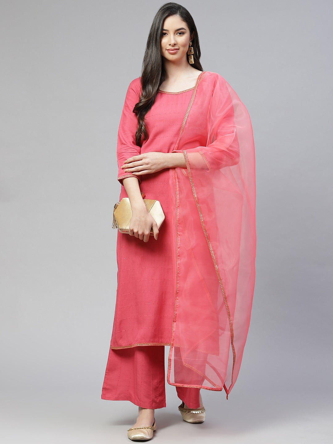 Cottinfab Women Pink Sequinned Kurta with Palazzos & Dupatta